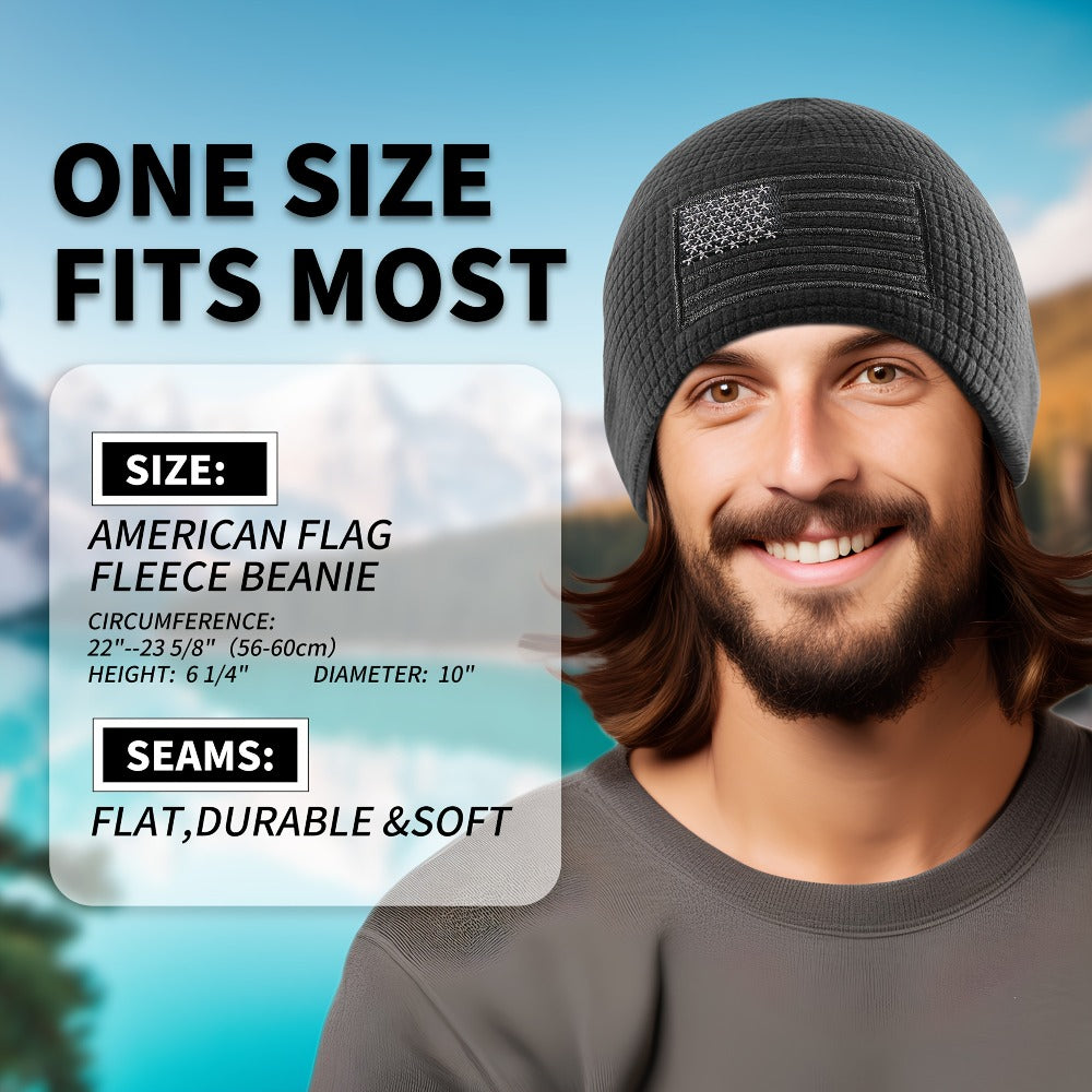 Beanie Hat - Tactical American Flag Embroidery Waffle Knit Grid Fleece Military Cap - product detail view 3