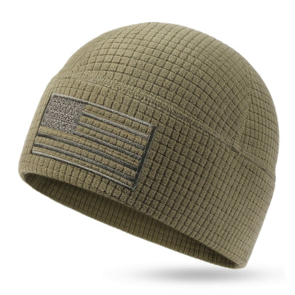 Beanie Hat - Tactical American Flag Embroidery Waffle Knit Grid Fleece Military Cap - product detail view 4