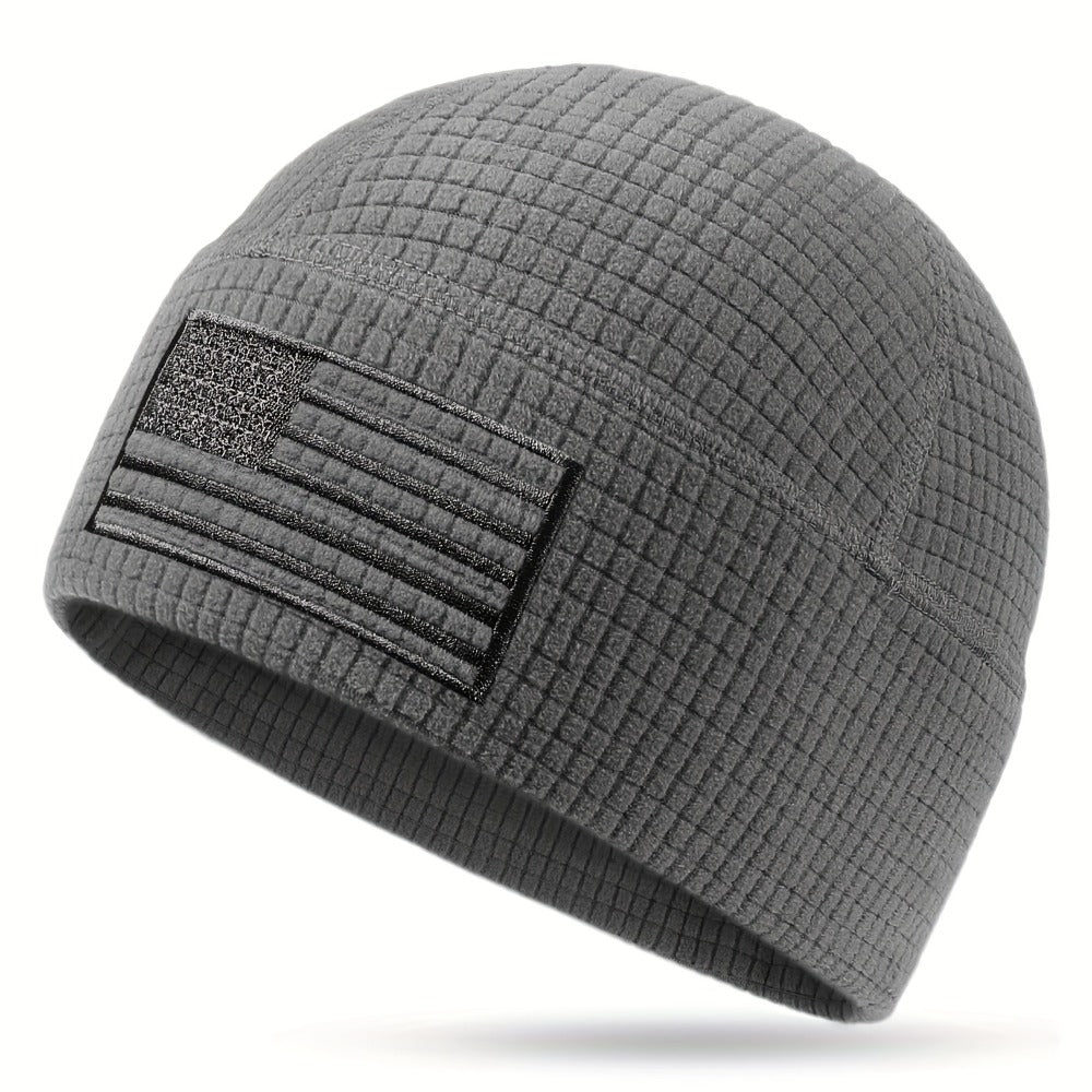 Beanie Hat - Tactical American Flag Embroidery Waffle Knit Grid Fleece Military Cap - product detail view 5