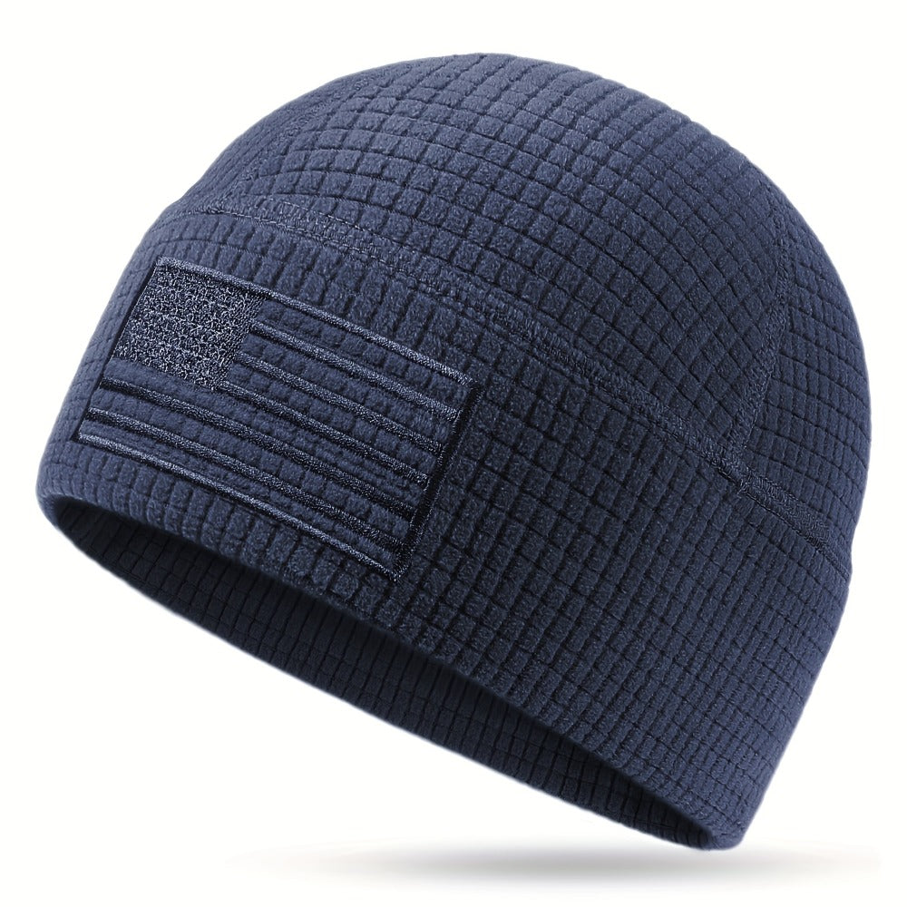Beanie Hat - Tactical American Flag Embroidery Waffle Knit Grid Fleece Military Cap - product detail view 6