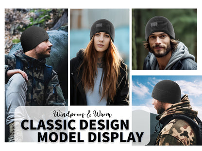 Beanie Hat - Tactical American Flag Embroidery Waffle Knit Grid Fleece Military Cap - product detail view 12