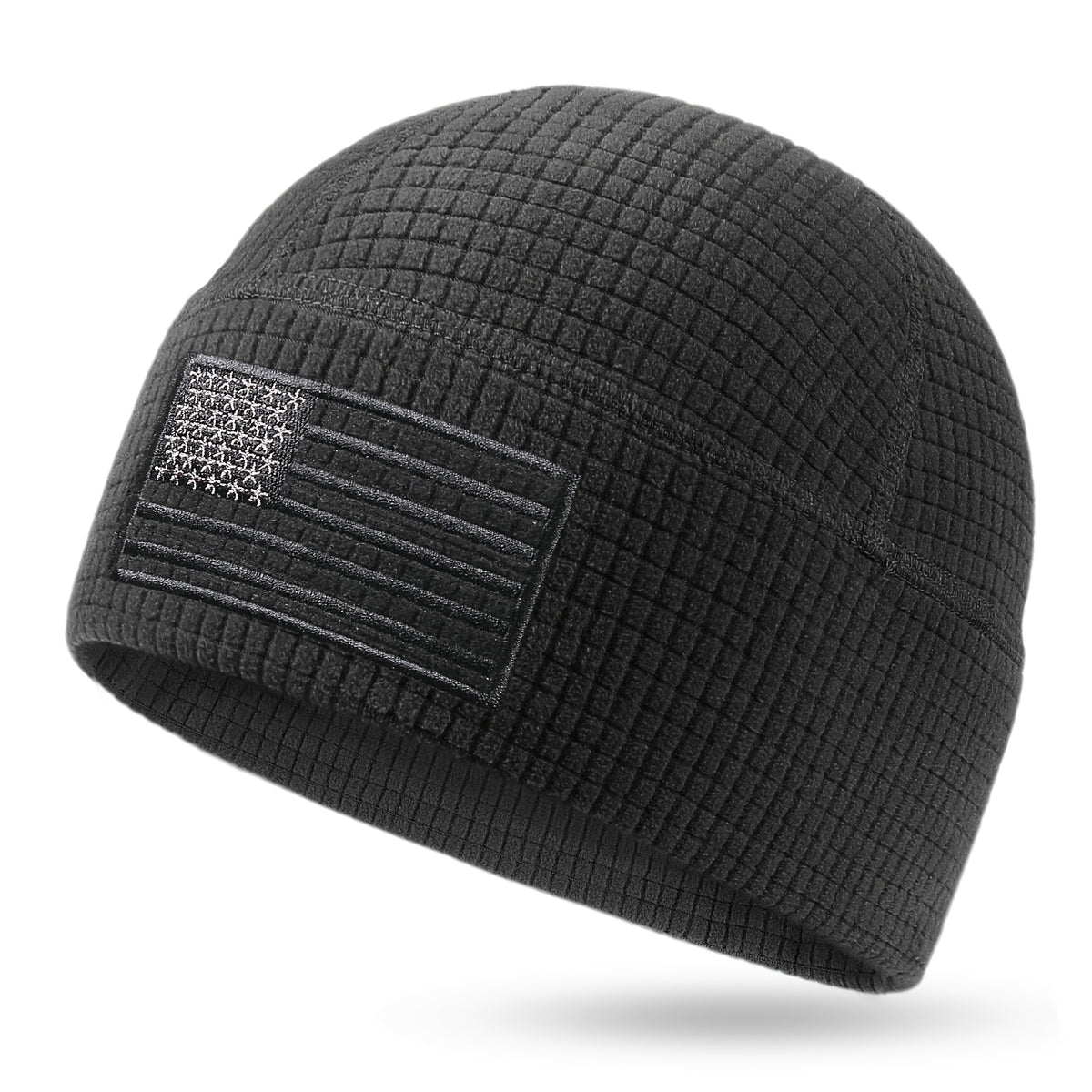 Beanie Hat - Tactical American Flag Embroidery Waffle Knit Grid Fleece Military Cap - product detail view 13