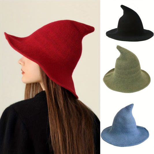 Beanie Hat - Witch Women Wool Blend Knitted Pointed Crochet - Solid Color Fall Winter - main product view
