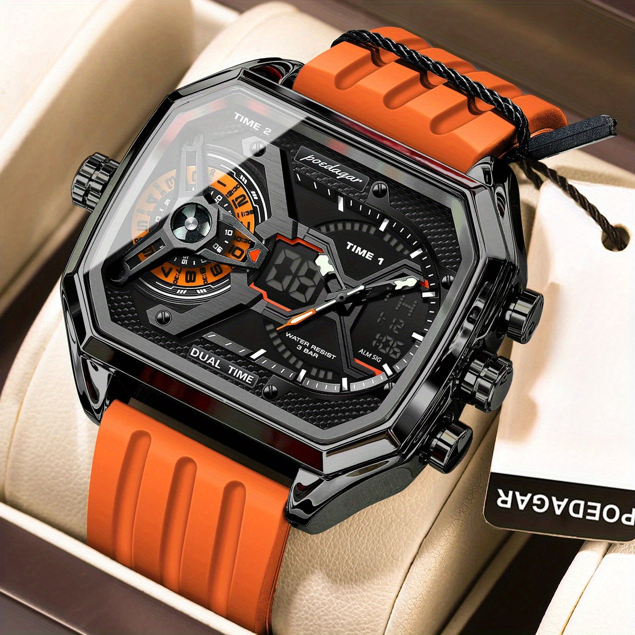 POEDAGAR E106J Men'S Sports Electronic Watch, 3ATM Waterproof, Dual Display, Fashionable Style, Silicone Band