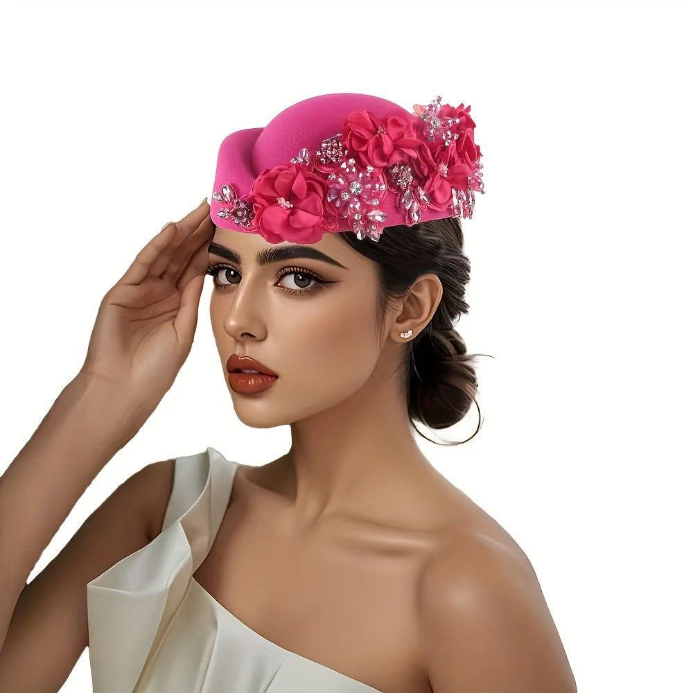 Beret Hat - Floral Felt for Women - Elegant British Style Cap with Floral Accents - product detail view 2