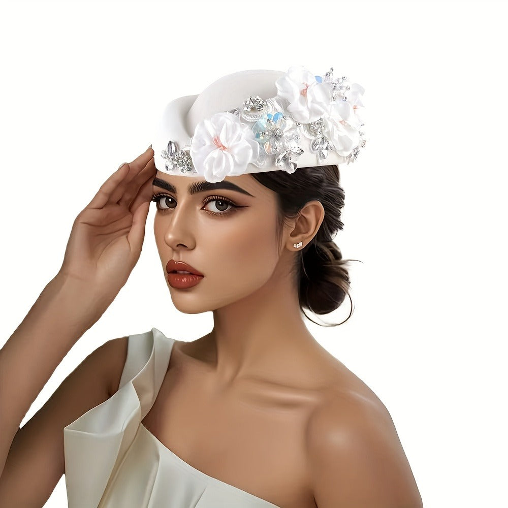 Beret Hat - Floral Felt for Women - Elegant British Style Cap with Floral Accents - product detail view 3