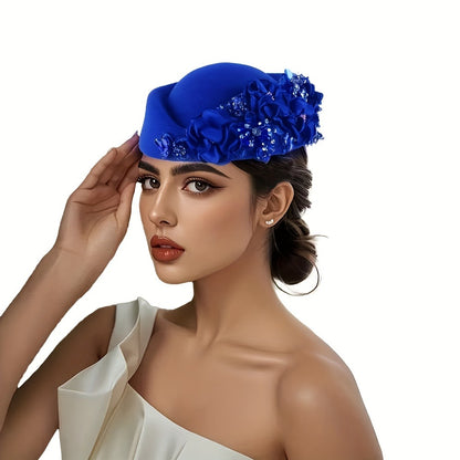 Beret Hat - Floral Felt for Women - Elegant British Style Cap with Floral Accents - product detail view 4