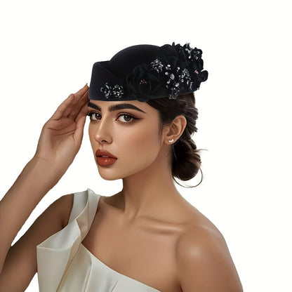 Beret Hat - Floral Felt for Women - Elegant British Style Cap with Floral Accents - product detail view 9