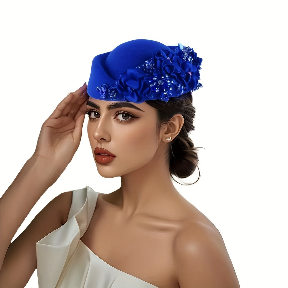Beret Hat - Floral Felt for Women - Elegant British Style Cap with Floral Accents - product detail view 12