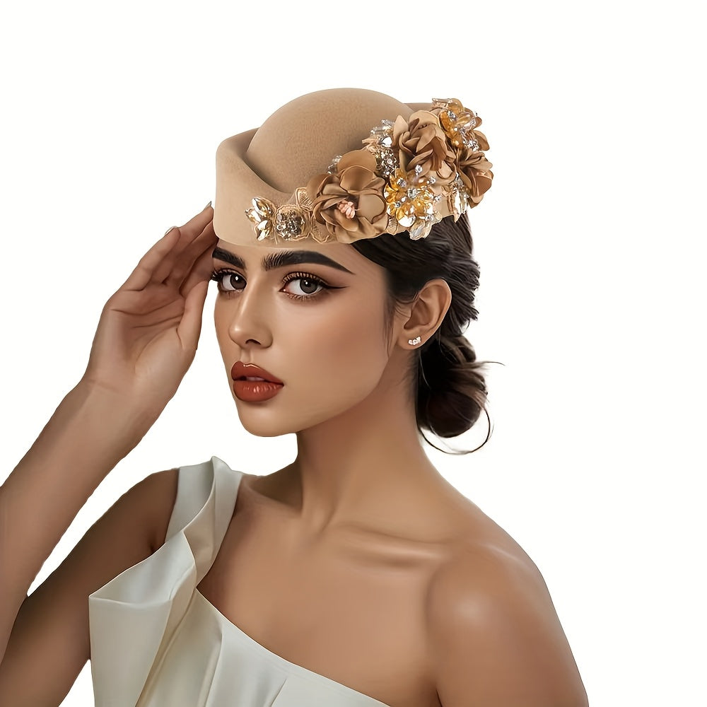 Beret Hat - Floral Felt for Women - Elegant British Style Cap with Floral Accents - product detail view 13