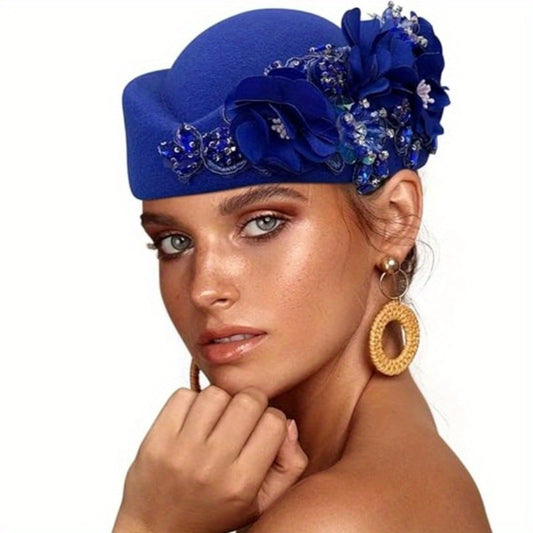 Beret Hat - for Women Vintage British Felt Cap with Floral Embellishments, Lightweight - main product view