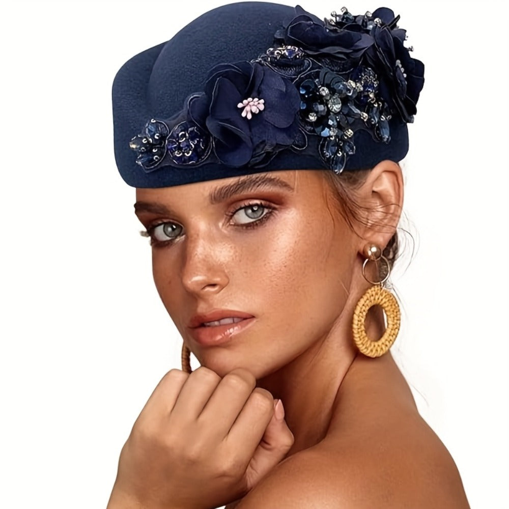 Beret Hat - for Women Vintage British Felt Cap with Floral Embellishments, Lightweight - product detail view 3