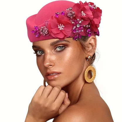 Beret Hat - for Women Vintage British Felt Cap with Floral Embellishments, Lightweight - product detail view 4