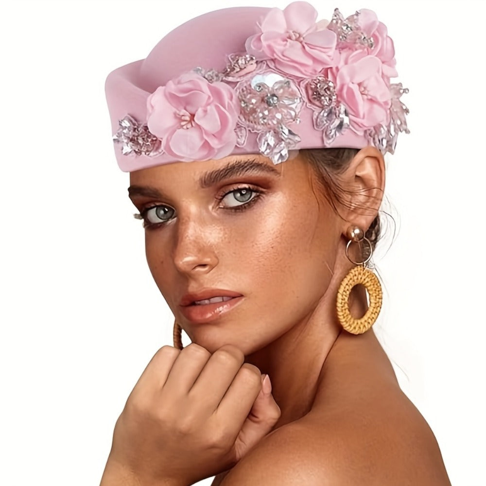 Beret Hat - for Women Vintage British Felt Cap with Floral Embellishments, Lightweight - product detail view 7