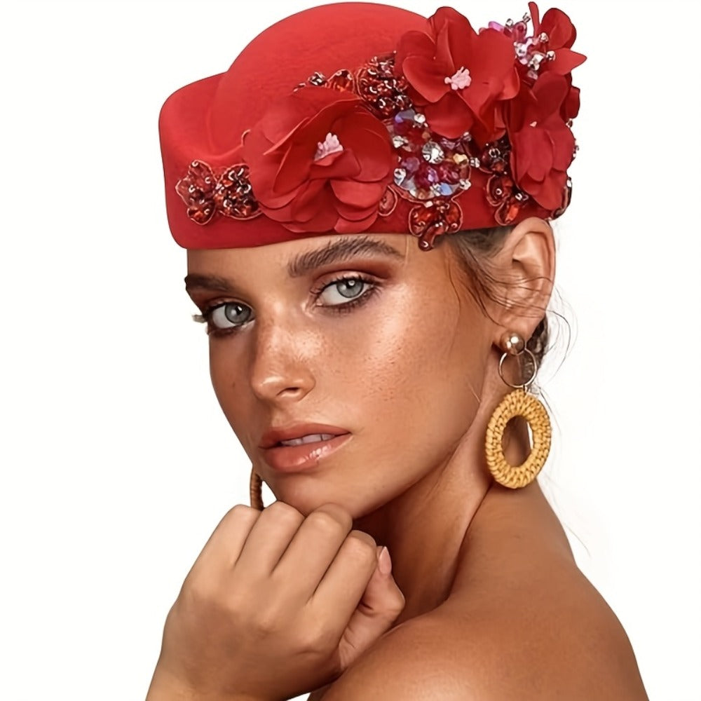 Beret Hat - for Women Vintage British Felt Cap with Floral Embellishments, Lightweight - product detail view 8