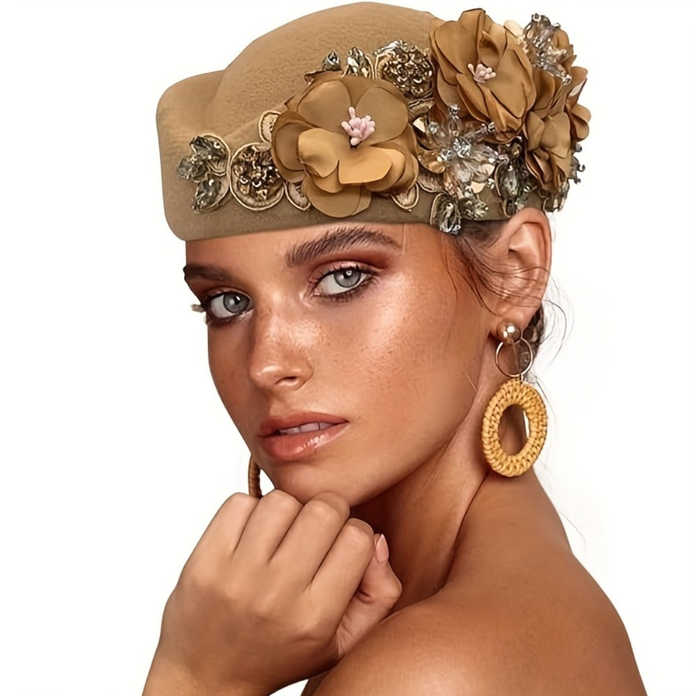 Beret Hat - for Women Vintage British Felt Cap with Floral Embellishments, Lightweight - product detail view 9