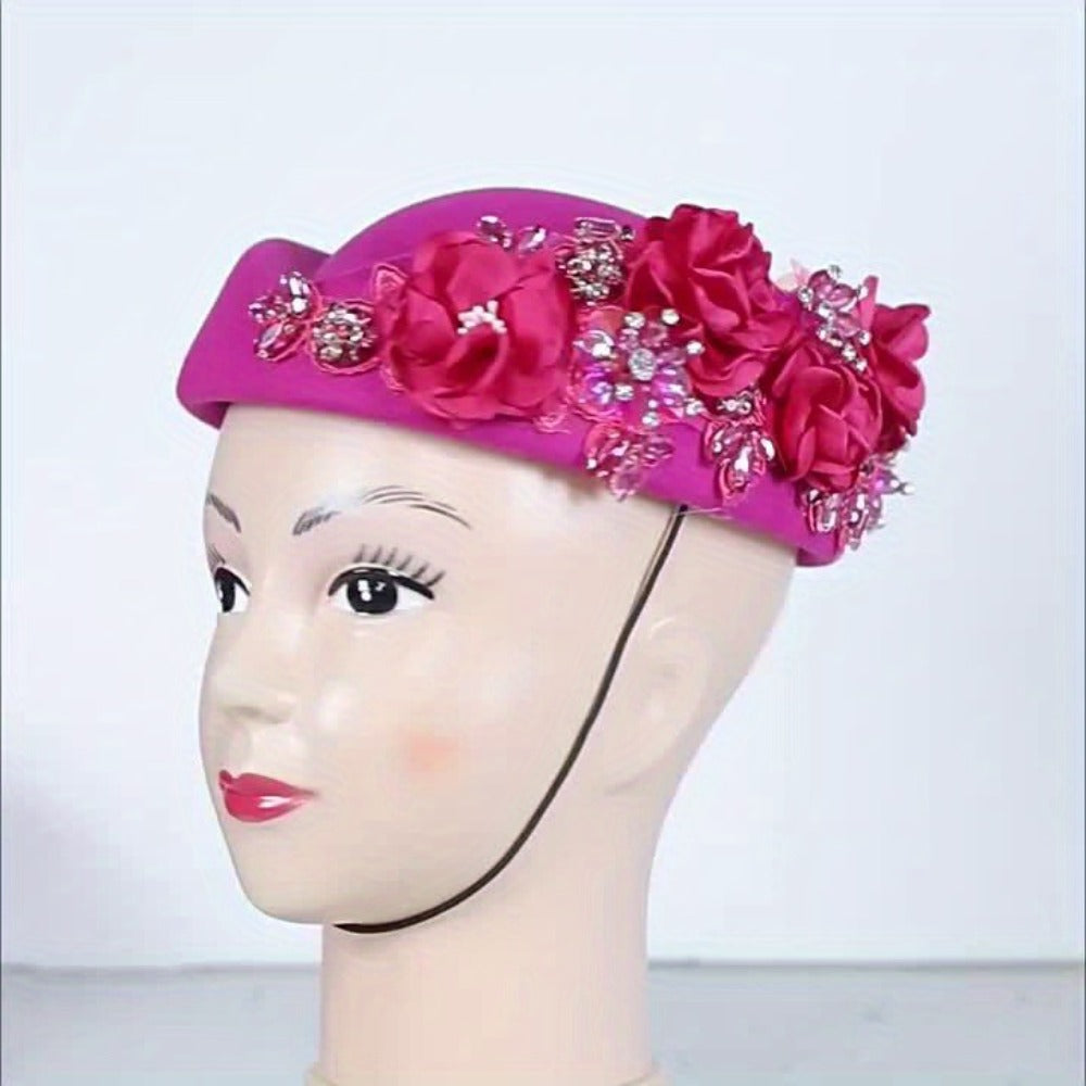 Beret Hat - for Women Vintage British Felt Cap with Floral Embellishments, Lightweight - product detail view 10