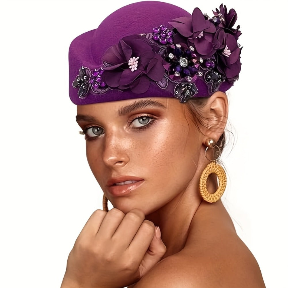 Beret Hat - for Women Vintage British Felt Cap with Floral Embellishments, Lightweight - product detail view 11