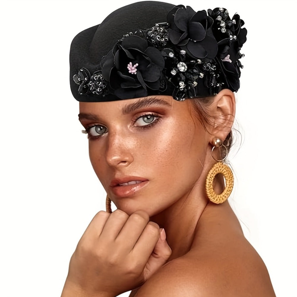 Beret Hat - for Women Vintage British Felt Cap with Floral Embellishments, Lightweight - product detail view 12