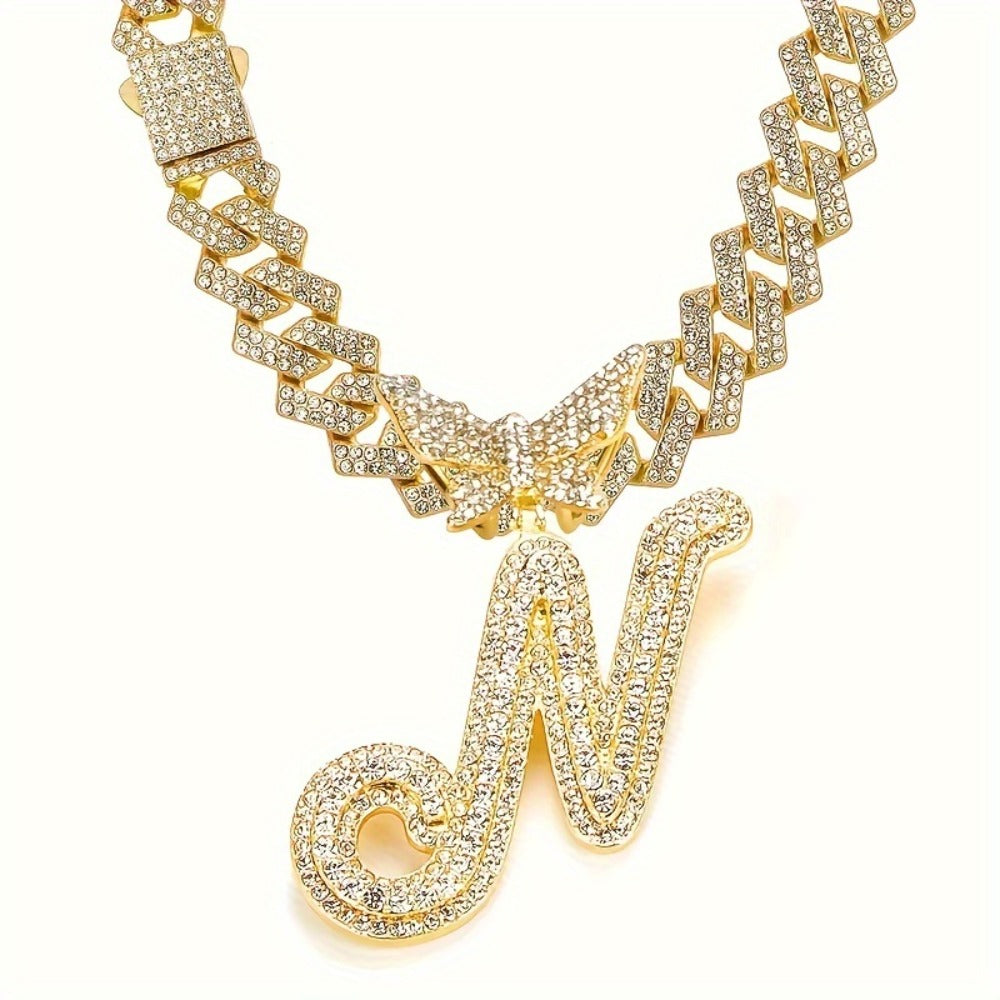 Cuban Link Chain Necklace - Initial Letter for Men Women - with Butterfly Alphabet Pendant A-Z, Gold & - product detail view