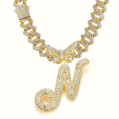 Cuban Link Chain Necklace - Initial Letter for Men Women - with Butterfly Alphabet Pendant A-Z, Gold & - product detail view
