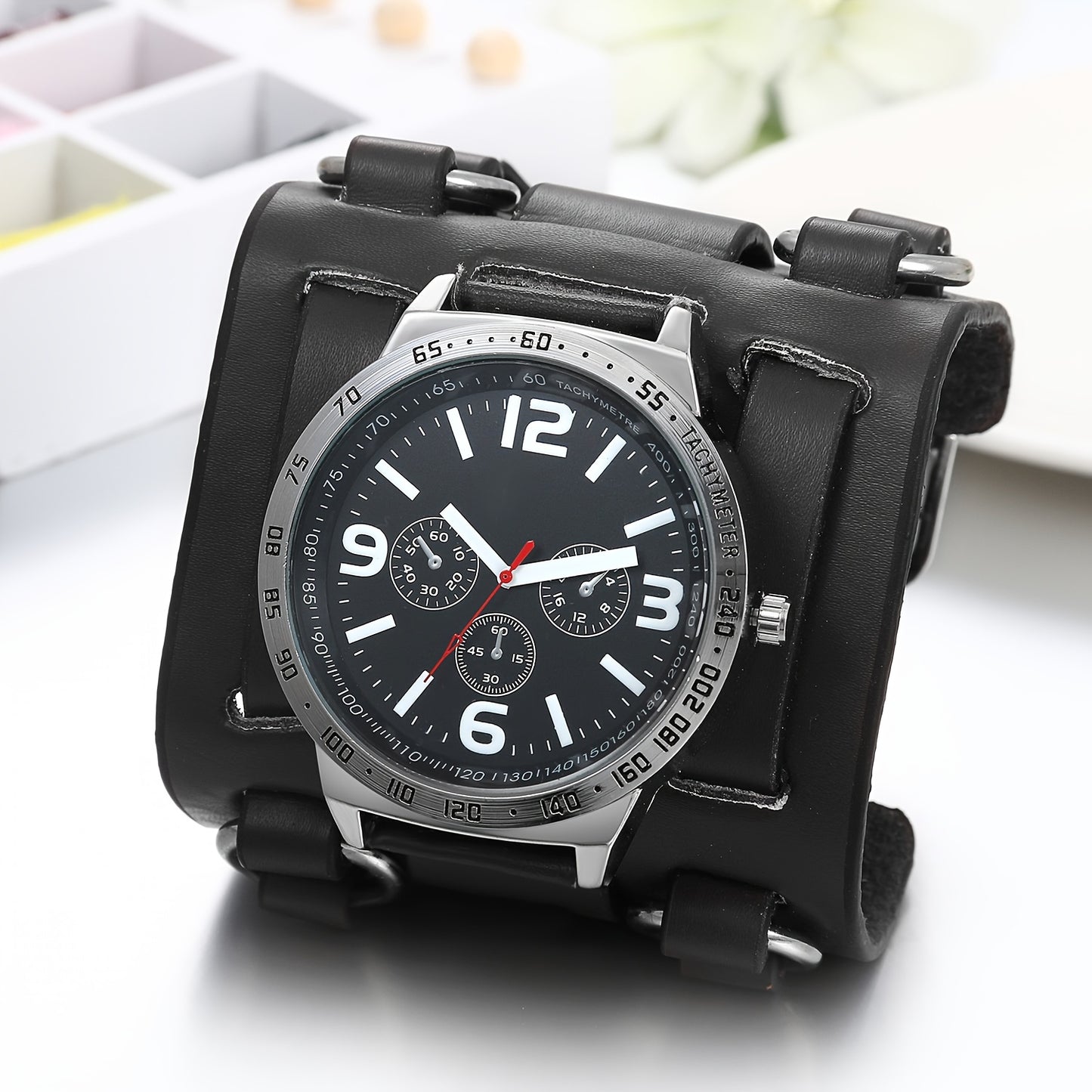Men's Punk Rock Biker Watch — Wide Leather Strap, Three-Eye Dial, Quartz | Black & Brown