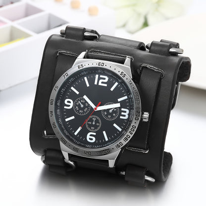 Men's Punk Rock Biker Watch — Wide Leather Strap, Three-Eye Dial, Quartz | Black & Brown
