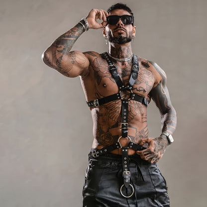 Body Harness - Gothic Men PU Leather Rivet Suspenders Punk Adjustable Non-Stretch - product detail view 3