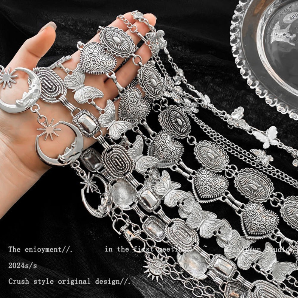 Body Jewelry - Boho Decorative Belt Set for Women 3pcs - Retro Silvery Butterfly Heart - product detail view 2