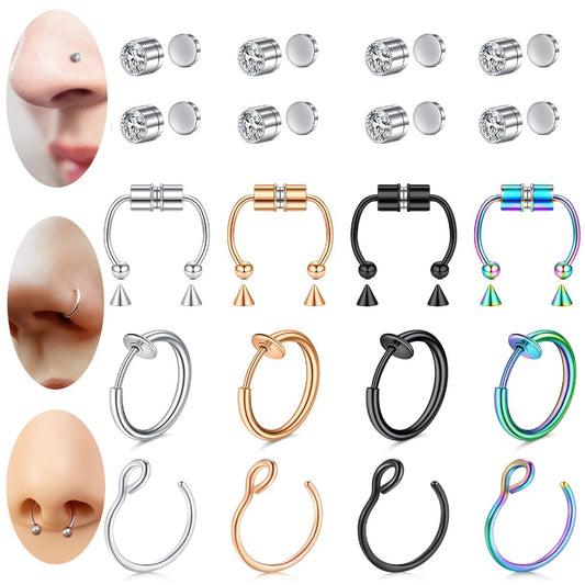 Body Jewelry - Fake Nose Rings Set Clip On Non-Piercing Faux Septum Hoop Sparkling for - main product view