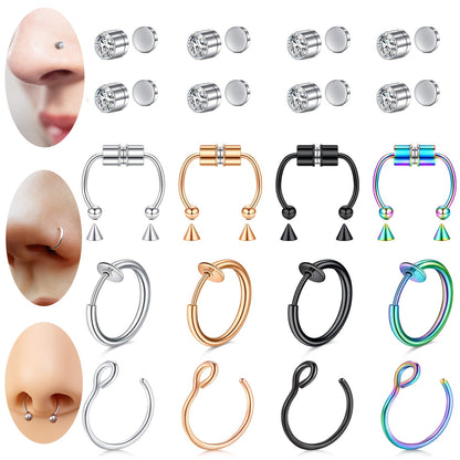 Body Jewelry - Fake Nose Rings Set Clip On Non-Piercing Faux Septum Hoop Sparkling for - product detail view 15