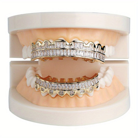 Body Jewelry - Hip Hop Grillz Iced Out Baguette Cubic Zirconia 8 Teeth Top & Bottom Set - main product view