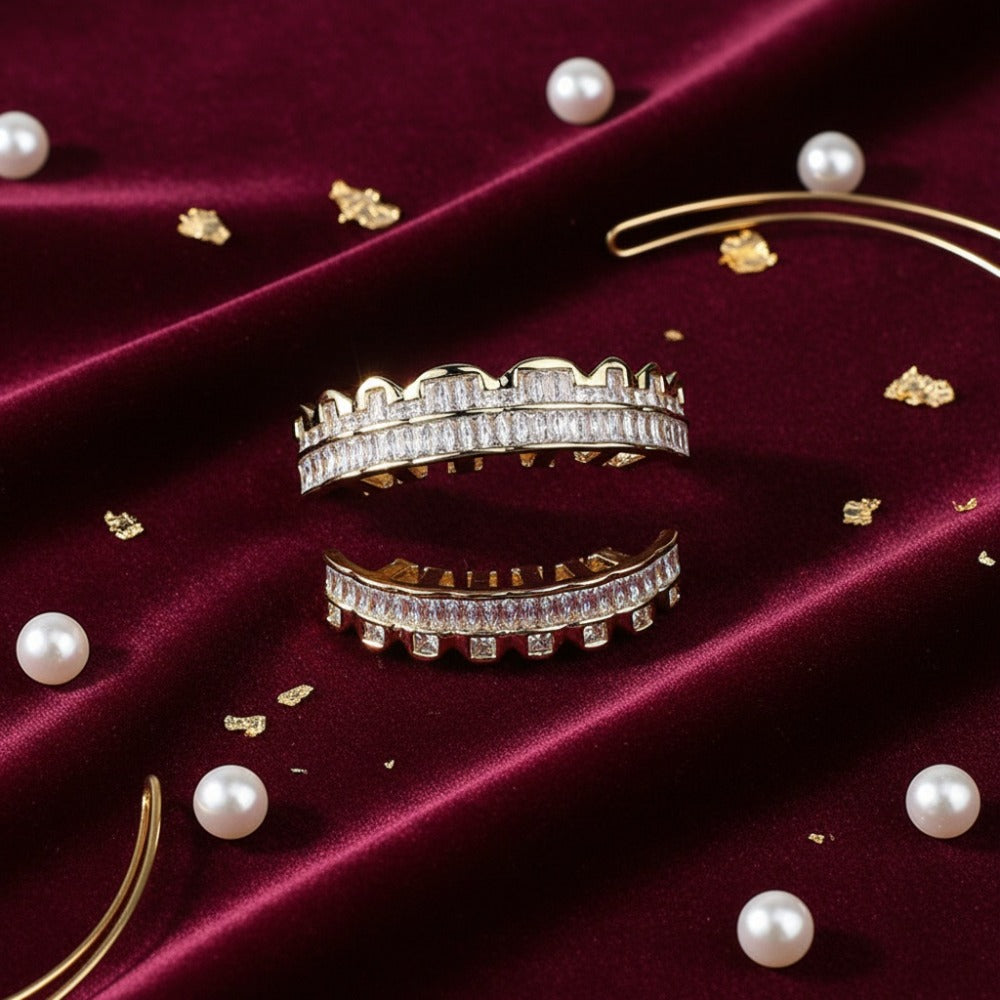 Body Jewelry - Hip Hop Grillz Iced Out Baguette Cubic Zirconia 8 Teeth Top & Bottom Set - product detail view 2