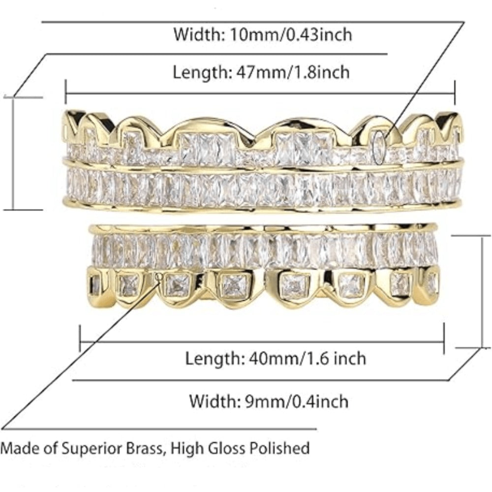 Body Jewelry - Hip Hop Grillz Iced Out Baguette Cubic Zirconia 8 Teeth Top & Bottom Set - product detail view 3