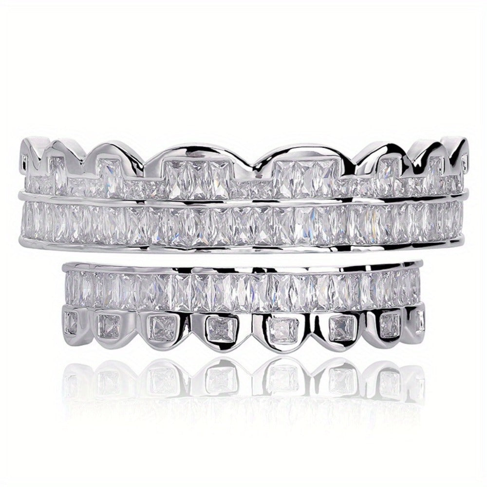 Body Jewelry - Hip Hop Grillz Iced Out Baguette Cubic Zirconia 8 Teeth Top & Bottom Set - product detail view 4