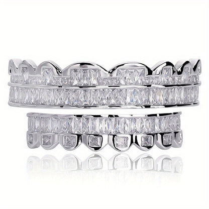 Body Jewelry - Hip Hop Grillz Iced Out Baguette Cubic Zirconia 8 Teeth Top & Bottom Set - product detail view 4