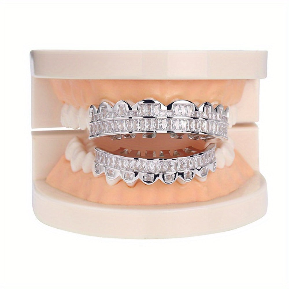Body Jewelry - Hip Hop Grillz Iced Out Baguette Cubic Zirconia 8 Teeth Top & Bottom Set - product detail view 10