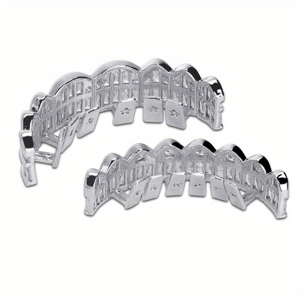 Body Jewelry - Hip Hop Grillz Iced Out Baguette Cubic Zirconia 8 Teeth Top & Bottom Set - product detail view 11