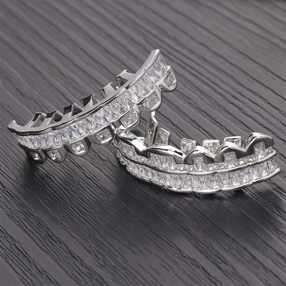 Body Jewelry - Hip Hop Grillz Iced Out Baguette Cubic Zirconia 8 Teeth Top & Bottom Set - product detail view 13