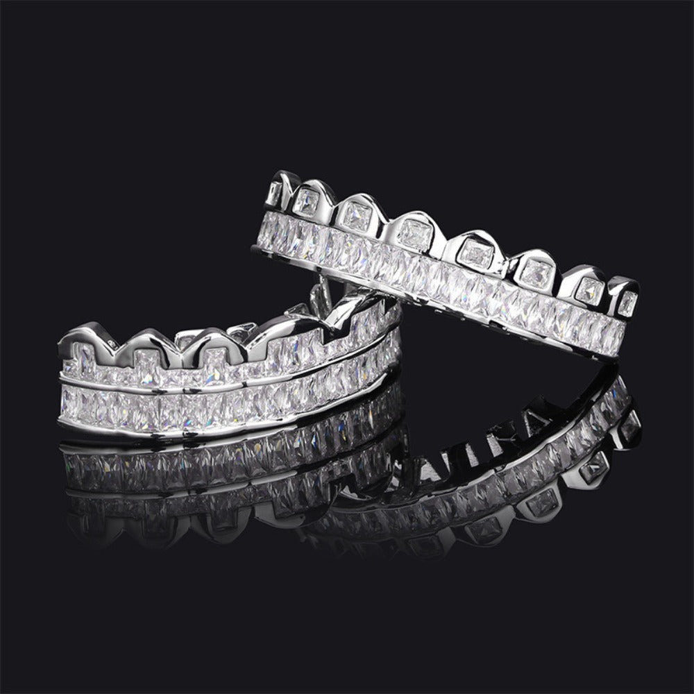 Body Jewelry - Hip Hop Grillz Iced Out Baguette Cubic Zirconia 8 Teeth Top & Bottom Set - product detail view 14