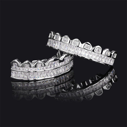 Body Jewelry - Hip Hop Grillz Iced Out Baguette Cubic Zirconia 8 Teeth Top & Bottom Set - product detail view 14