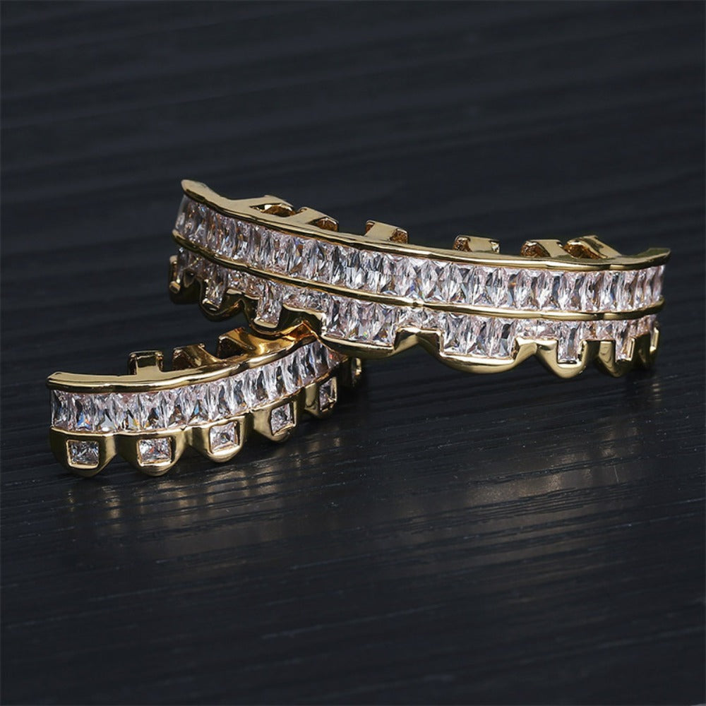 Body Jewelry - Hip Hop Grillz Iced Out Baguette Cubic Zirconia 8 Teeth Top & Bottom Set - product detail view 15