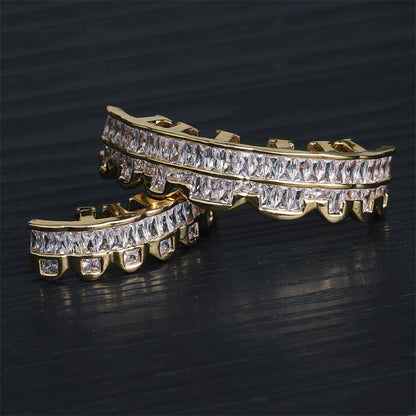 Body Jewelry - Hip Hop Grillz Iced Out Baguette Cubic Zirconia 8 Teeth Top & Bottom Set - product detail view 15
