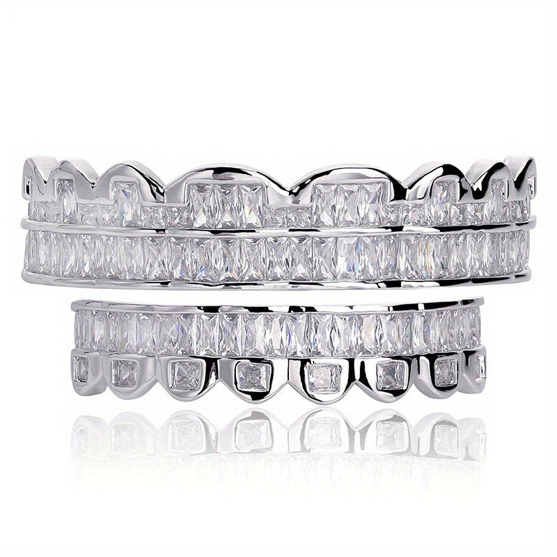Body Jewelry - Hip Hop Grillz Iced Out Baguette Cubic Zirconia 8 Teeth Top & Bottom Set - product detail view 17