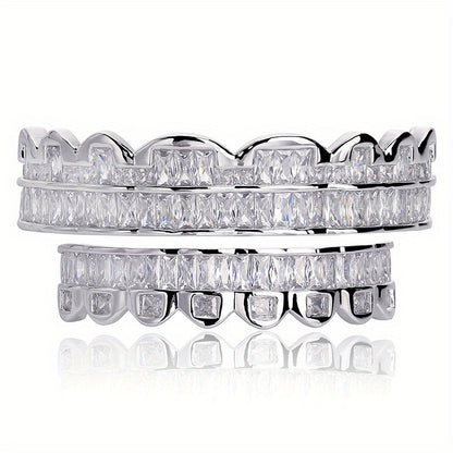 Body Jewelry - Hip Hop Grillz Iced Out Baguette Cubic Zirconia 8 Teeth Top & Bottom Set - product detail view 17