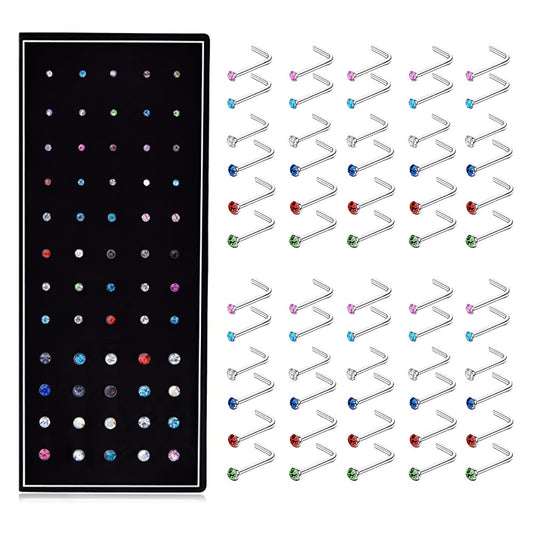 Body Jewelry - Nose Rings Set 60Pcs Stainless Steel L-Shaped Nose Studs Bone Screw - main product view
