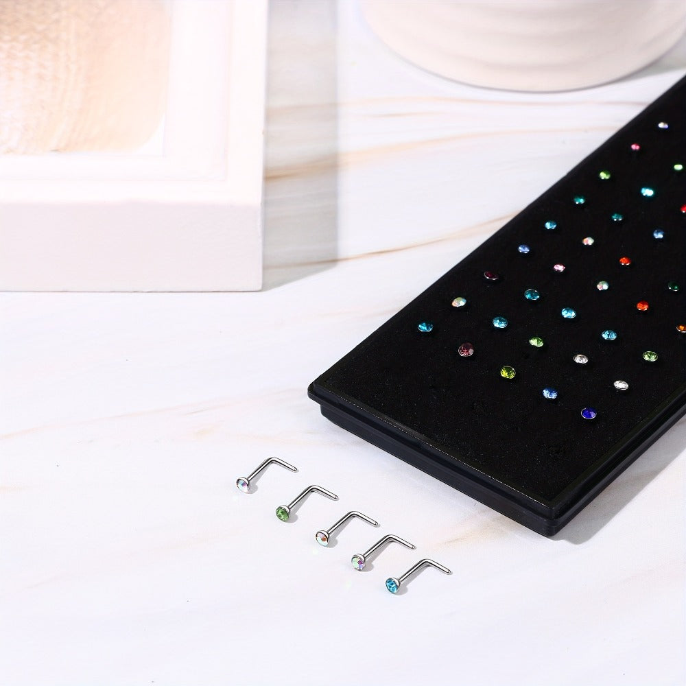 Body Jewelry - Nose Rings Set 60Pcs Stainless Steel L-Shaped Nose Studs Bone Screw - product detail view 4