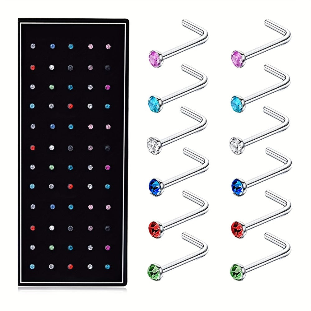 Body Jewelry - Nose Rings Set 60Pcs Stainless Steel L-Shaped Nose Studs Bone Screw - product detail view 5