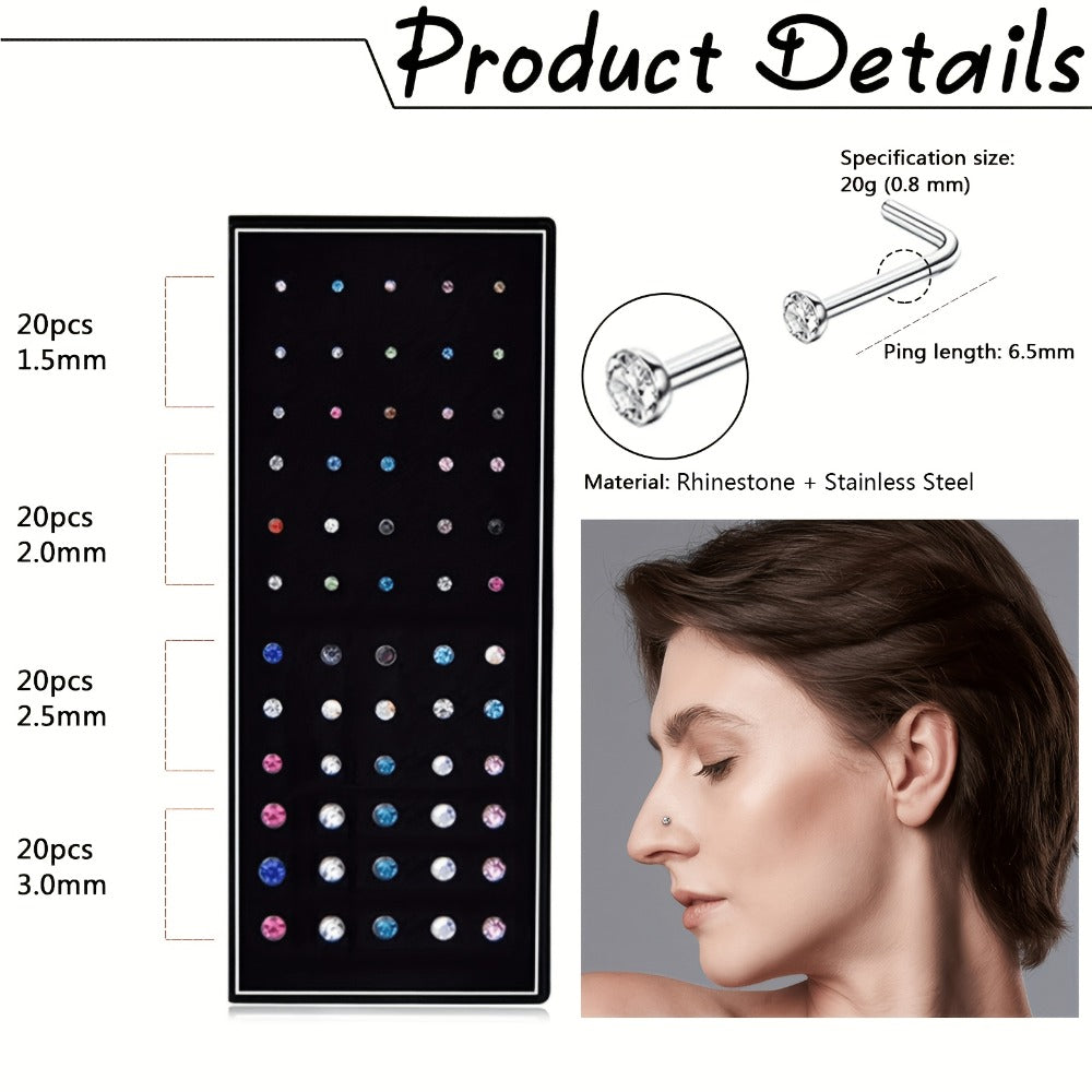 Body Jewelry - Nose Rings Set 60Pcs Stainless Steel L-Shaped Nose Studs Bone Screw - product detail view 6