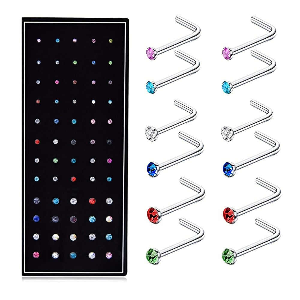 Body Jewelry - Nose Rings Set 60Pcs Stainless Steel L-Shaped Nose Studs Bone Screw - product detail view 9